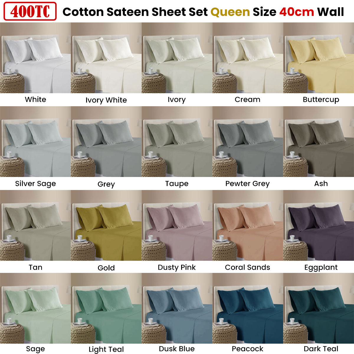 400TC 100% Cotton Sateen Premium Sheet Set 40cm Wall White Queen